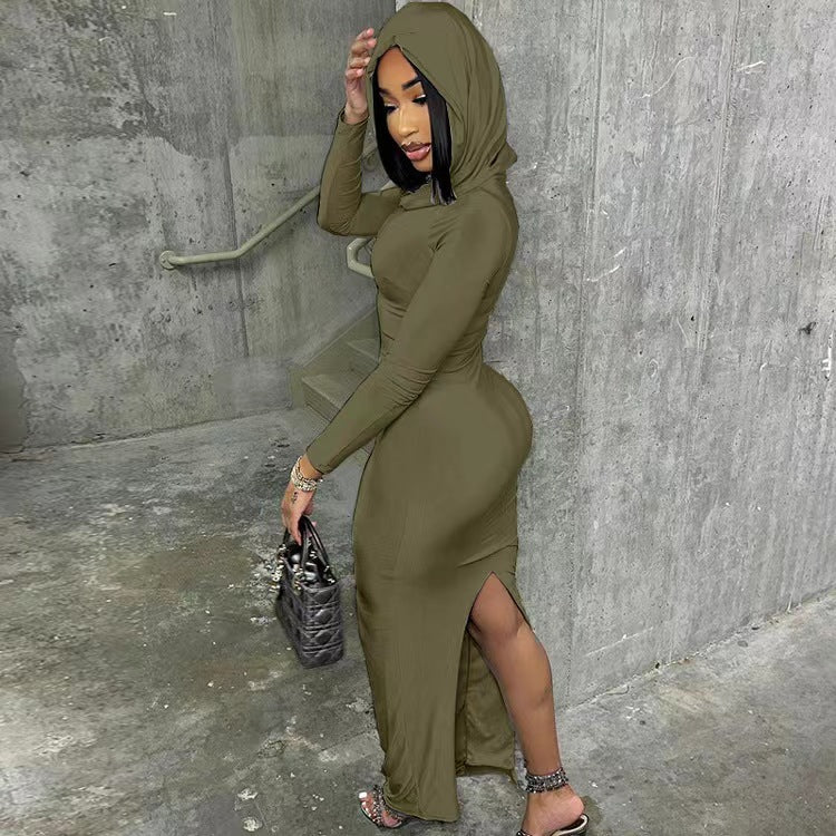 Hooded Hip Split Slim-Fit Dress