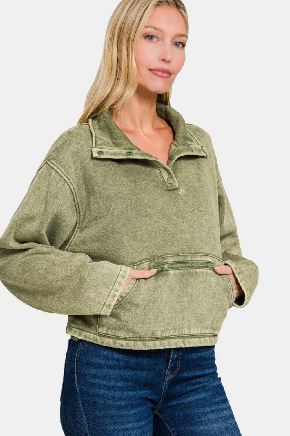 Acid-Wash Fleece Half-Snap Sweatshirt With Pocket - US Only