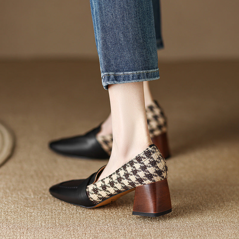 Square-Head Thick Middle-Heel Shoes