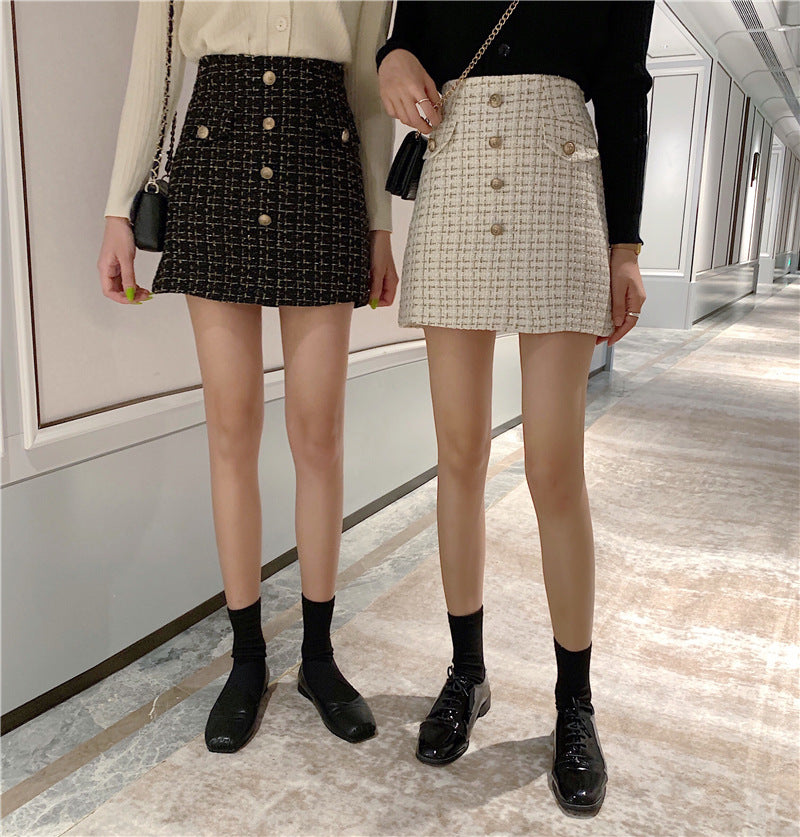 Plaid A-Line High-Waist Tweed Skirt