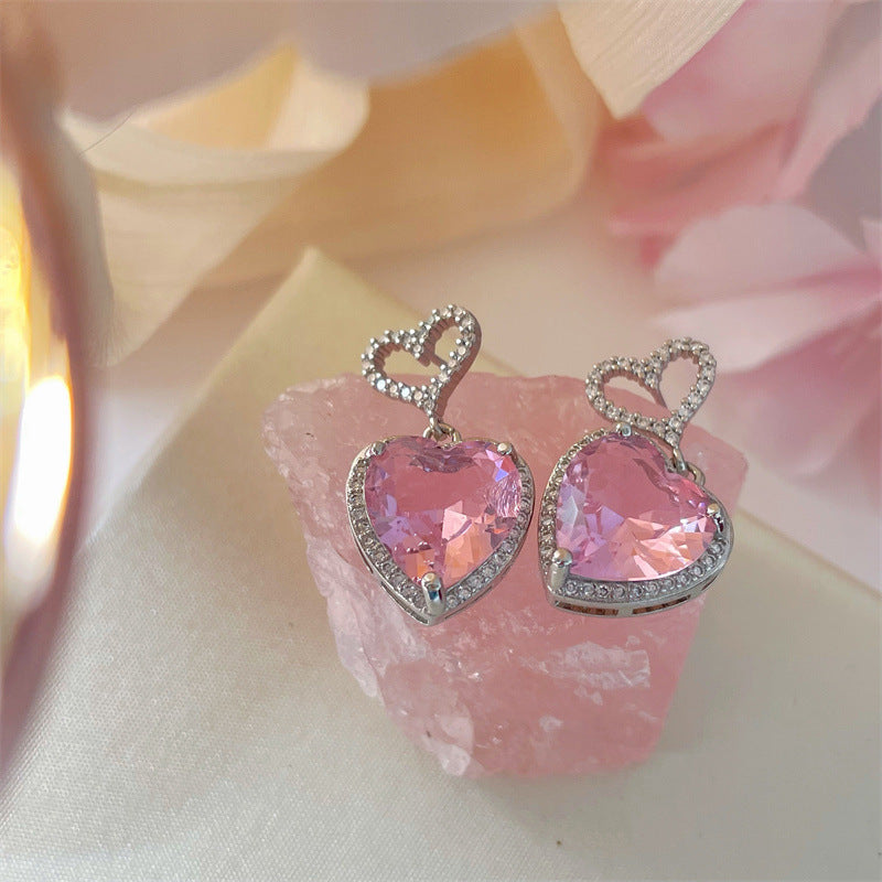 New Light Luxury Premium Feeling Pink Crystal Heart Earrings For Women