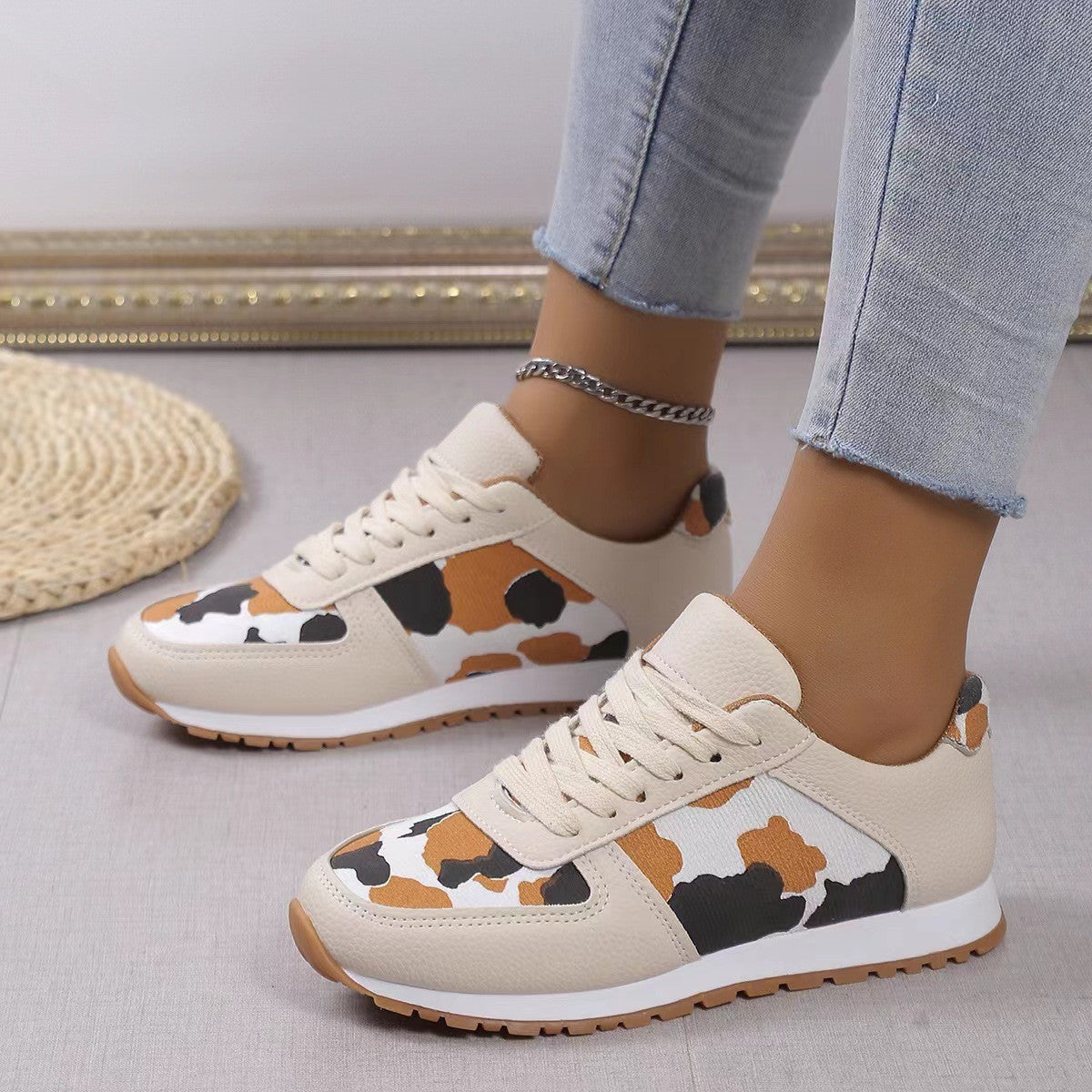 Leopard Print Lace-Up Sneakers For Women