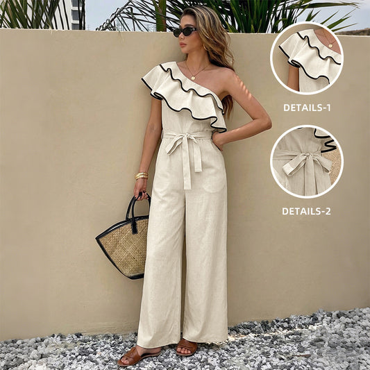One-Shoulder Ruffle-Trimmed Drawstring Waist Jumpsuit