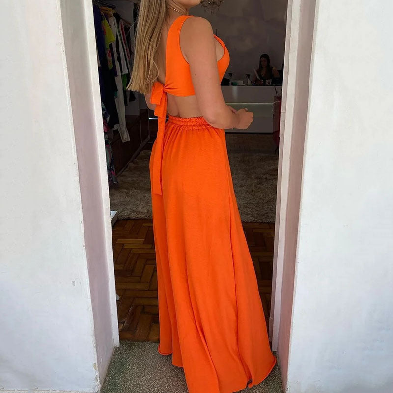 Women's Clothing Casual Fashion Shoulder Sleeveless Pure Color Tied Midriff Outfit Long Slit Dress