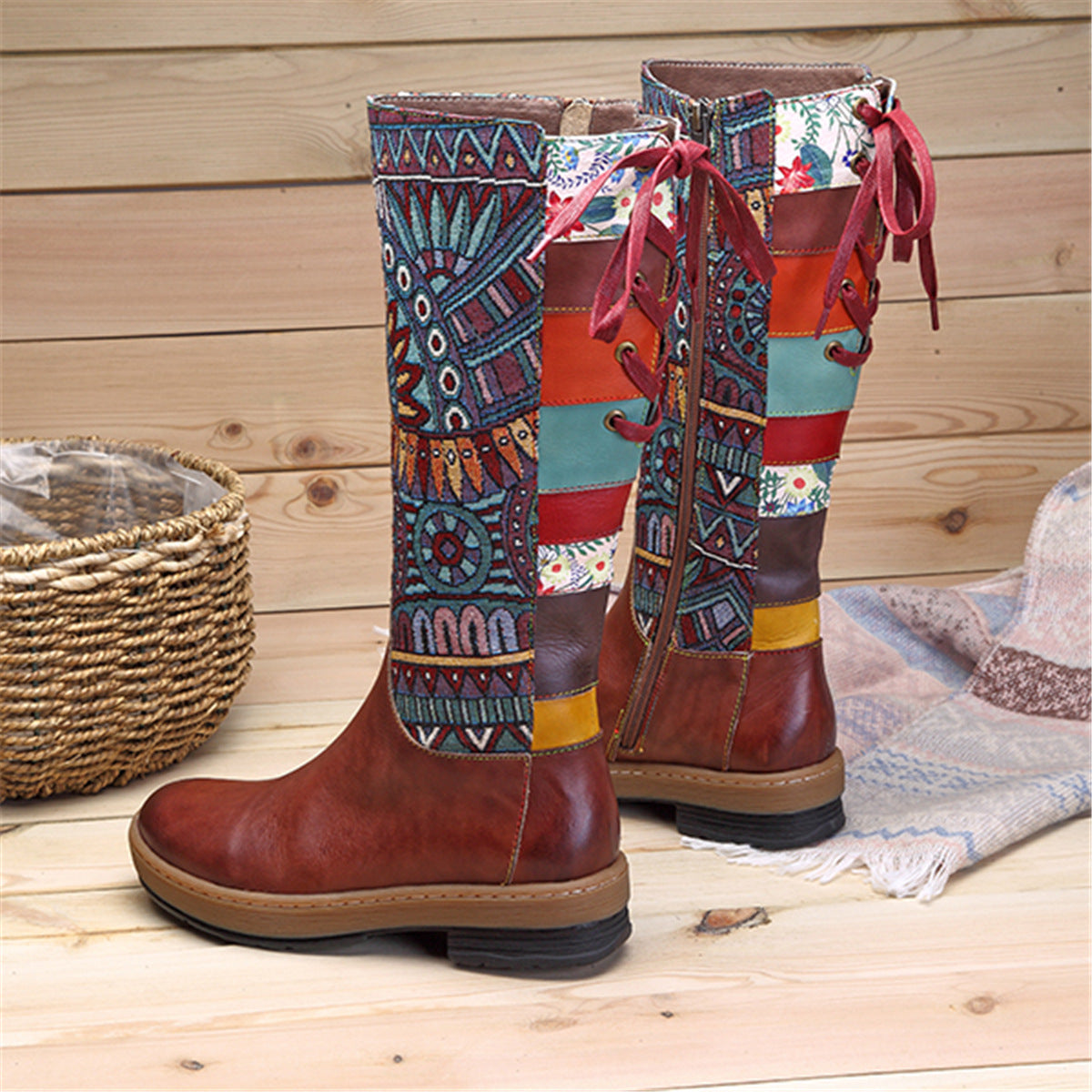 Vintage Mid-Calf Bohemian Retro Genuine Leather Printed Boots