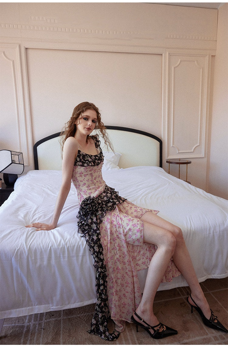 Irregular Floral Contrast-Colour Split Sling Dress