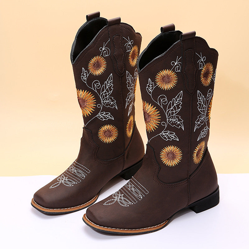 Sunflower Embroidery Cowboy Boots For Women - Low-Heel Western Boots