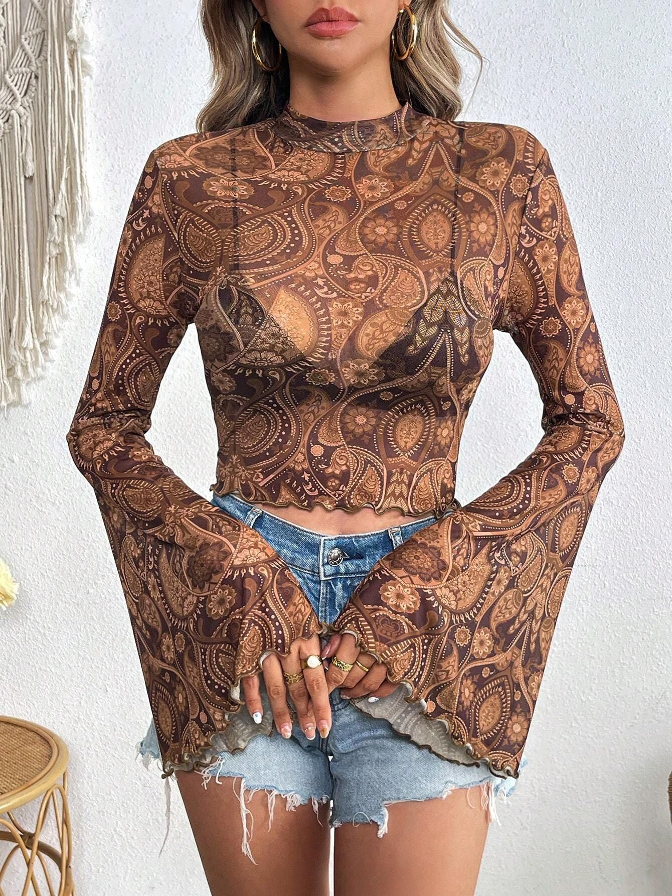 Mesh Floral Print Round-neck Flared Sleeves Long Sleeve