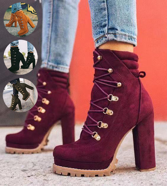 Round-Toe Lace-Up High-Heel Boots