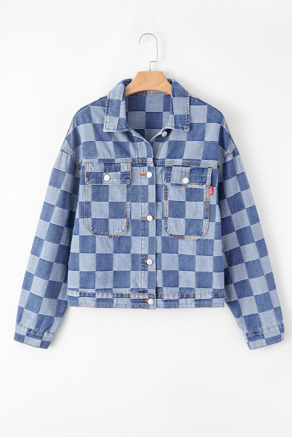 Light Blue Chequered Patchwork Button-Up Denim Jacket