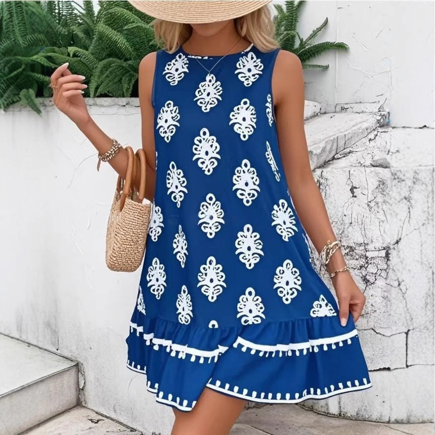Women's Elegant Printed V-neck A- Line Skirt