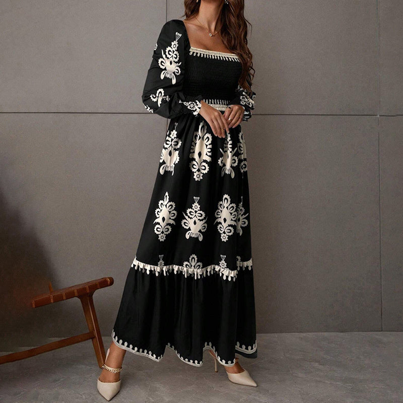 Elegant Retro Geometric Print Lantern-Sleeve Dress - US Only