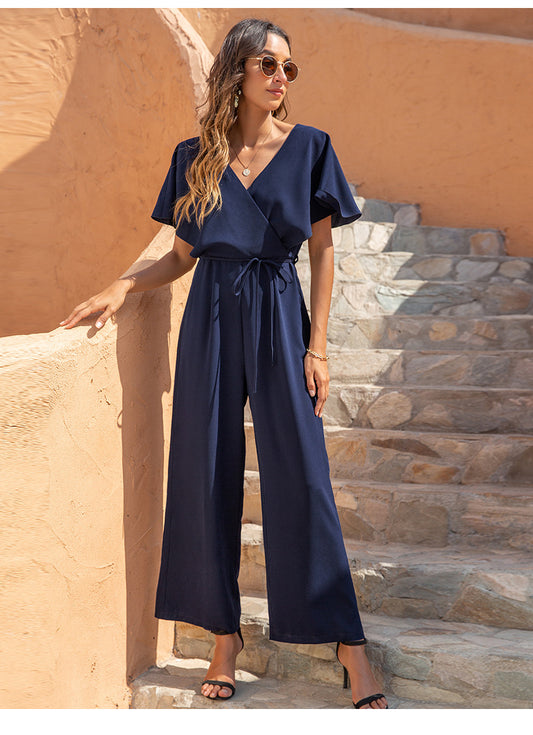 Women's V-Neck Fashion Temperament Casual High-Waist Loose Jumpsuit