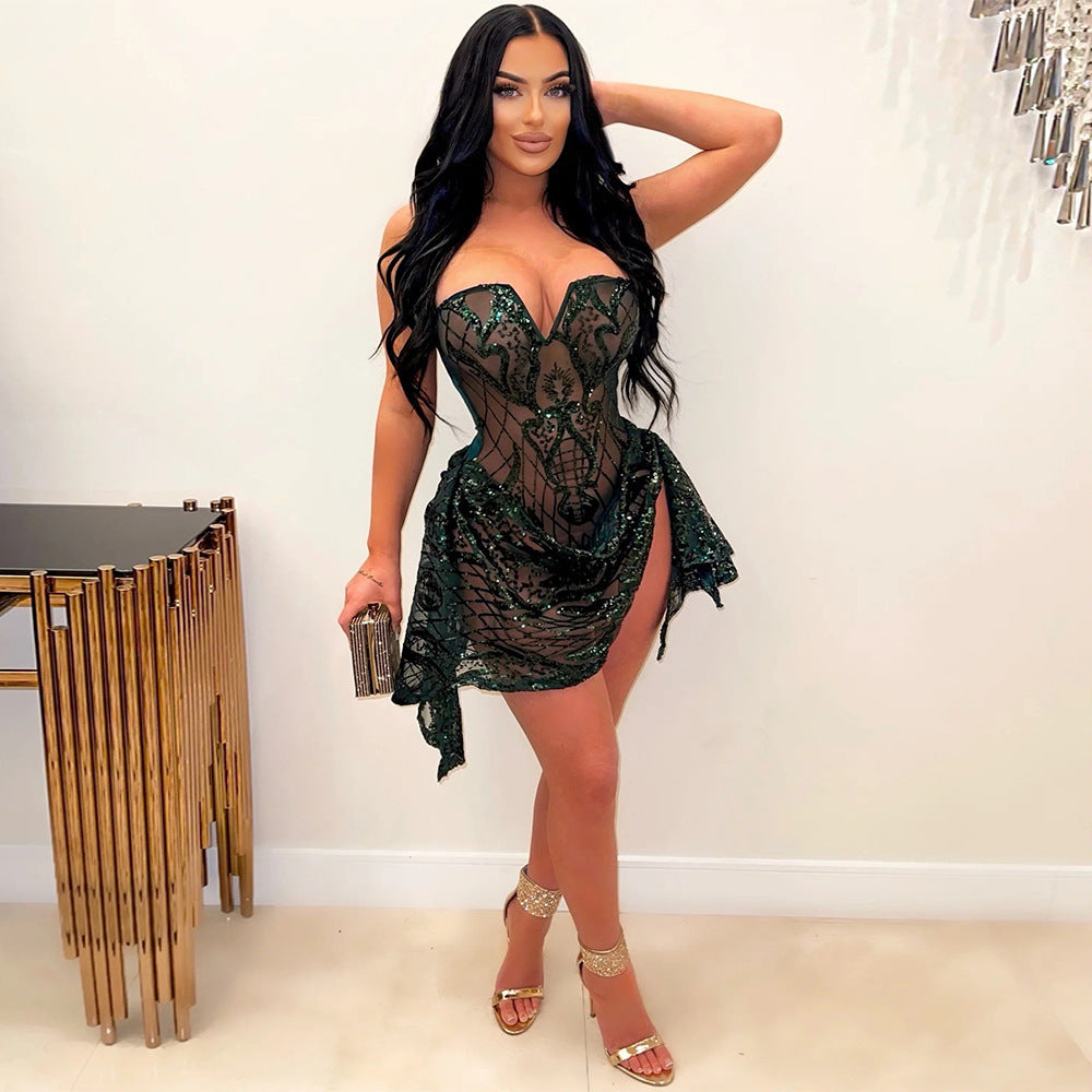 Tube-Top See-Through Sequins Mini Dress