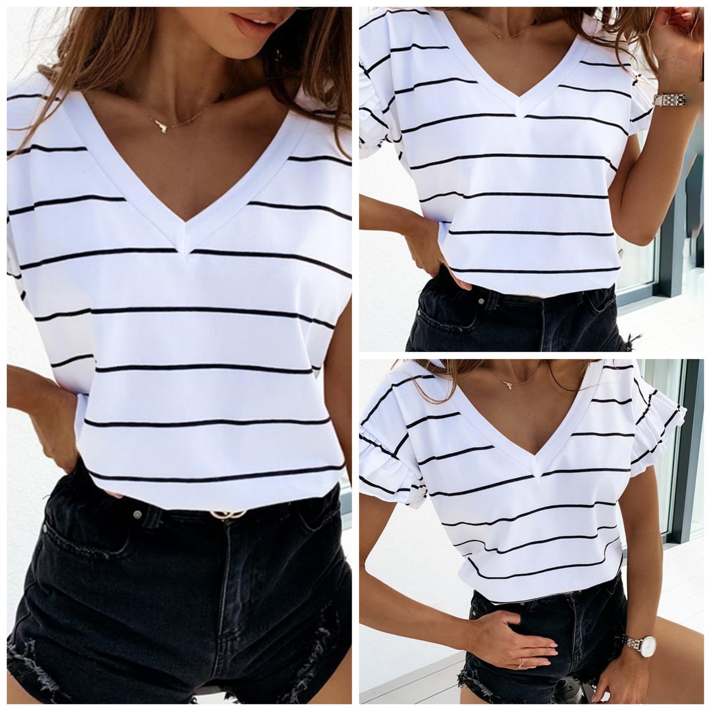 Striped V-Neck Short-Sleeved Women's T-Shirt