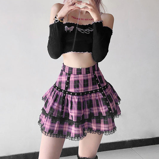 Casual High-Waist Plaid Lace Ruffle Skirt