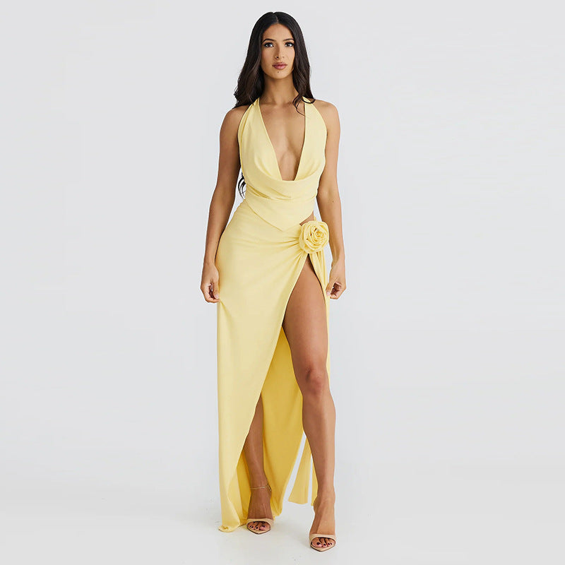 Lace-Up Backless Deep V-Neck Slit Dress