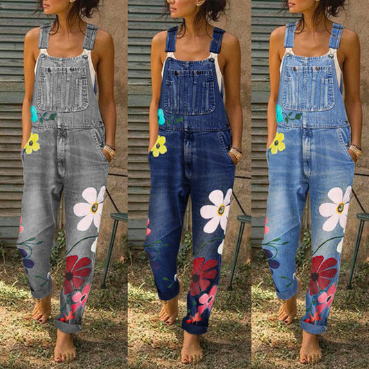 Women's Floral Print Denim Overalls With Pockets