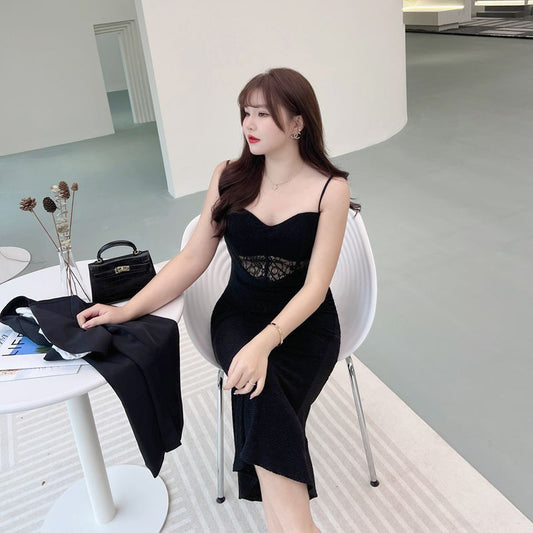 Lace Fishbone Sling Mini Dress