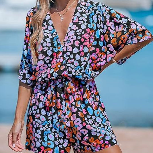 V-Neck Printed Lace-Up Bat Jumpsuit