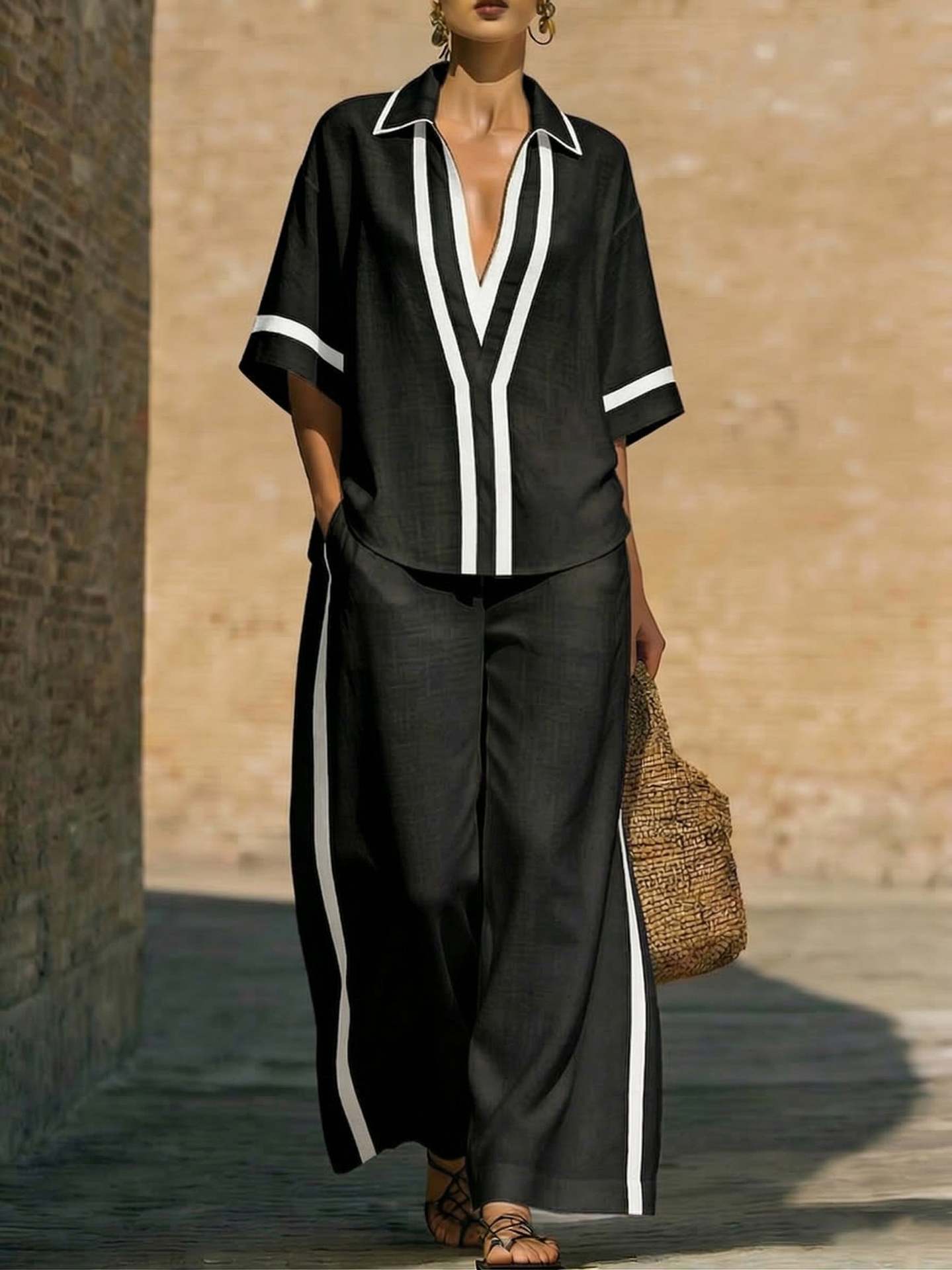Fashionable Loose Casual Color-Block Short-Sleeve Shirt And Wide-Leg Pants Two-Piece Set