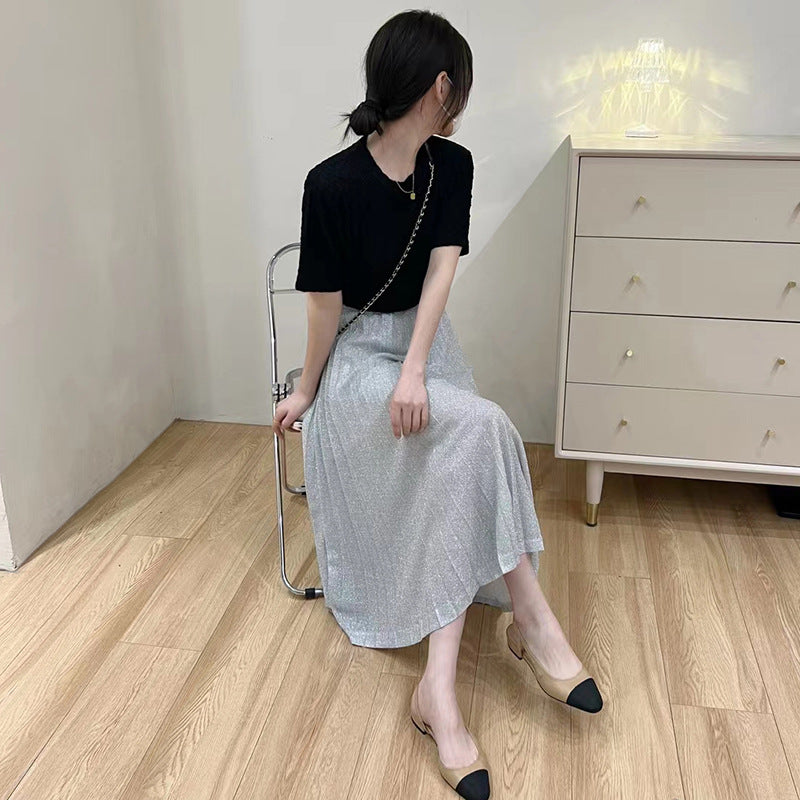 Elastic High-Waist Temperament Slim Long Pleated Skirt