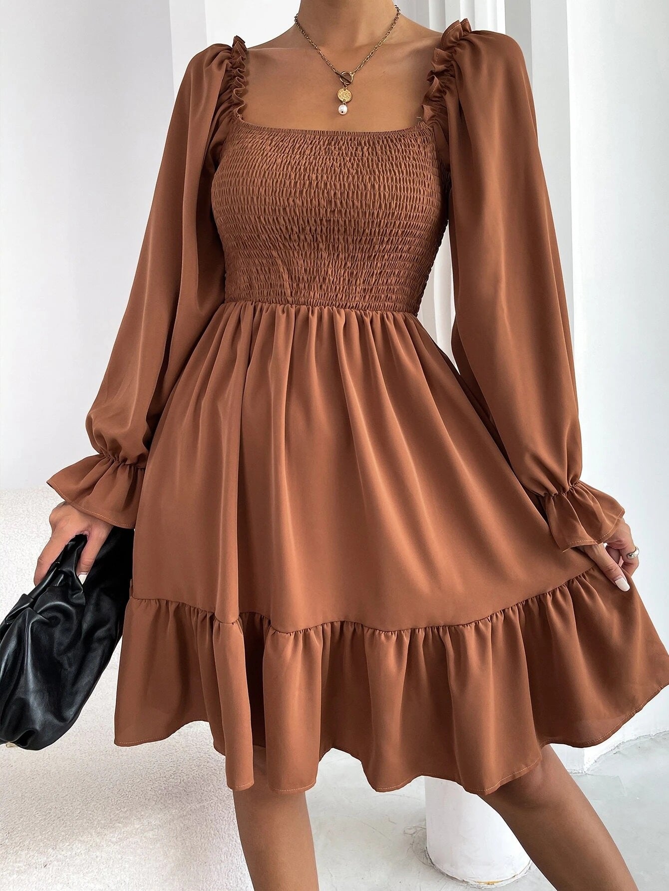 Flared Long-Sleeve Square-Neck Ruffled Swing Dress