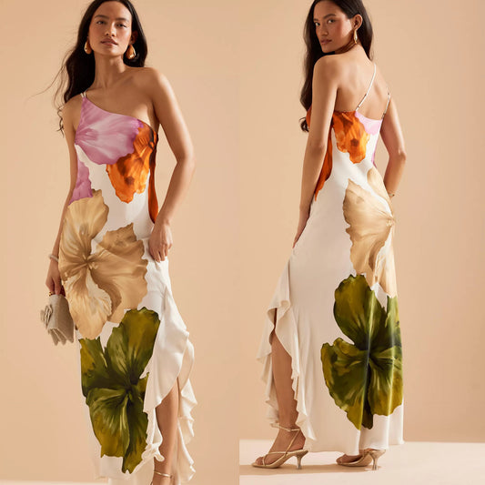 New Oblique-Shoulder Printed Dress