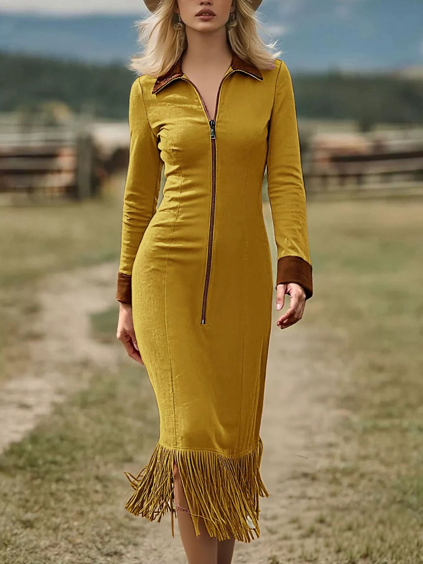 Western Cowboy Style Suede Tassel Slim Long Sleeve Dress