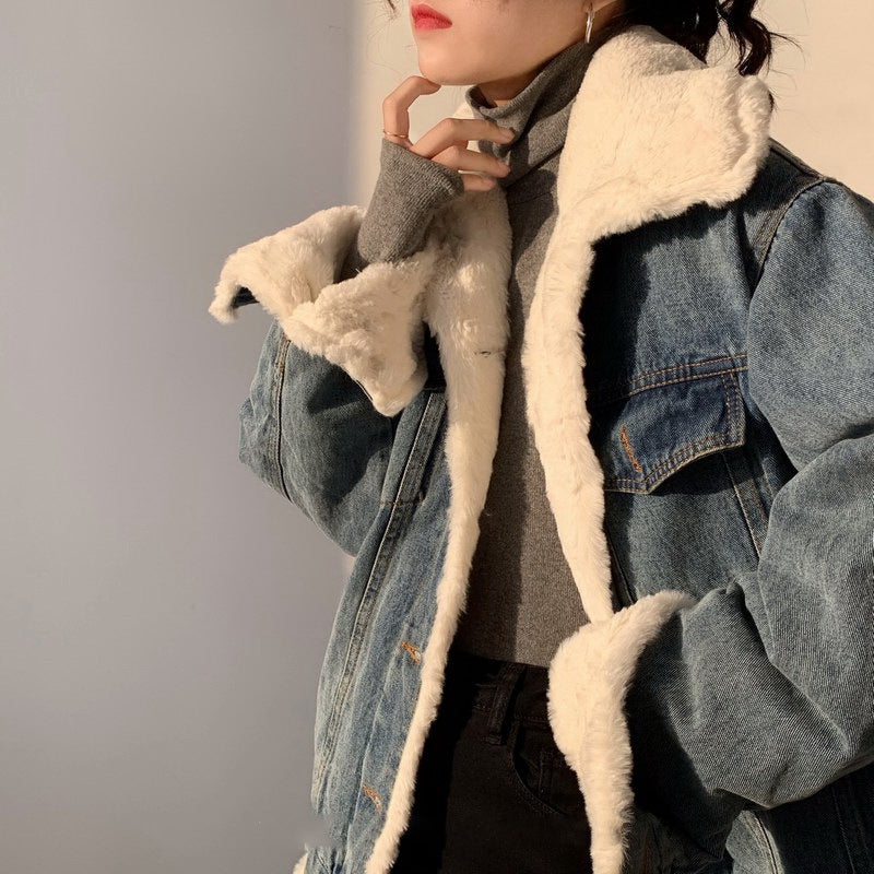Plush Thick Lamb Wool Denim Jacket Women Short