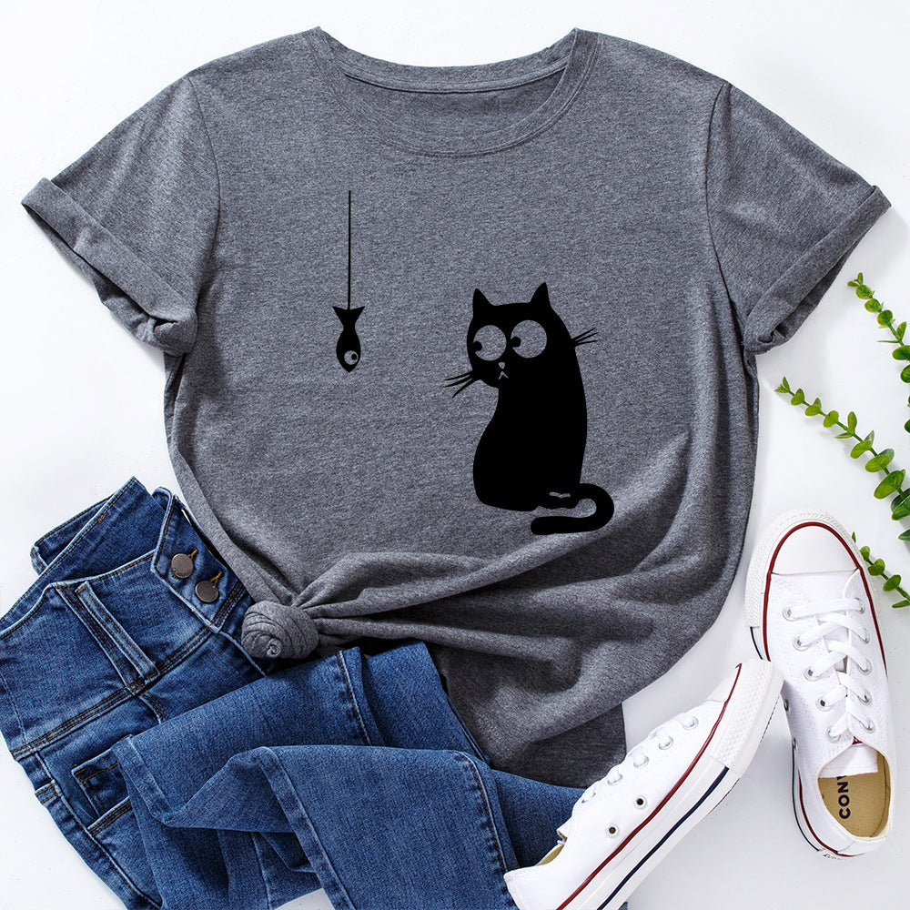 Women's Cute Cat Loose Round-Neck Cotton Short Sleeve T-Shirt