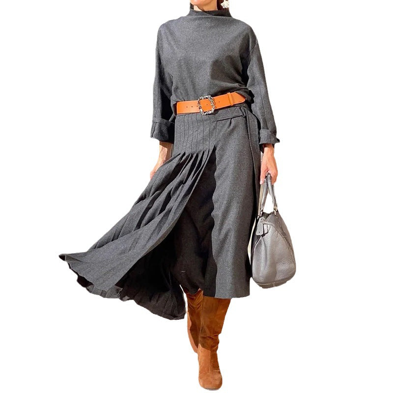 Irregular Long-Sleeve Loose Solid-Colour Dress