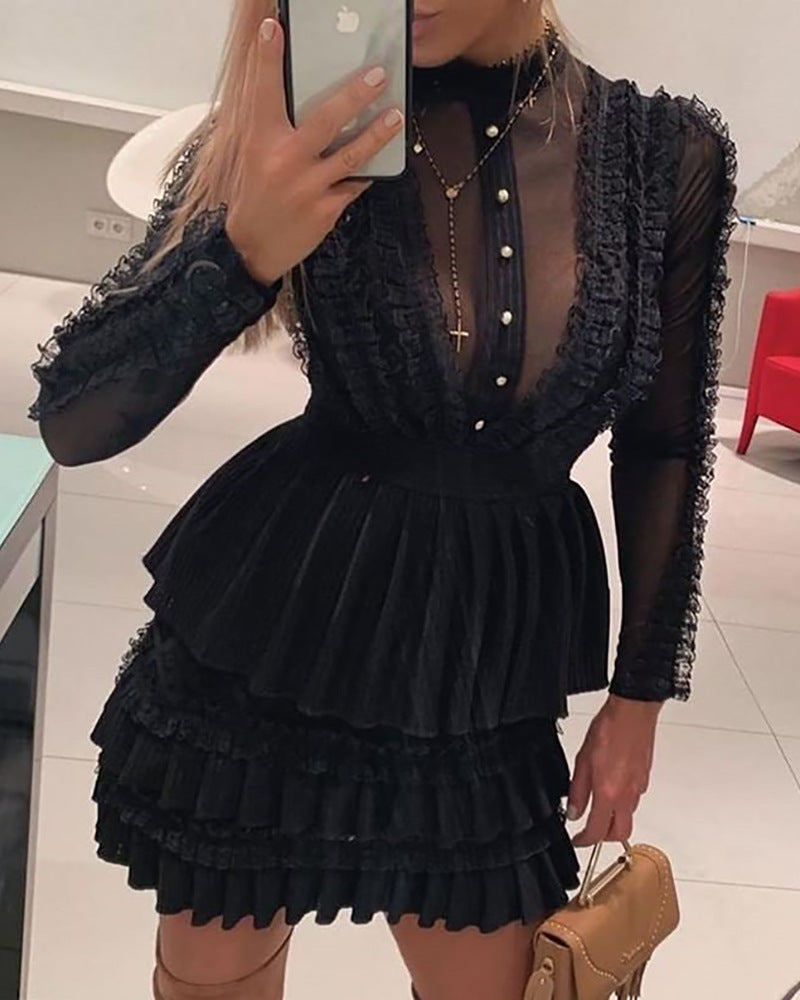 Black Mesh Lace Mini Dress