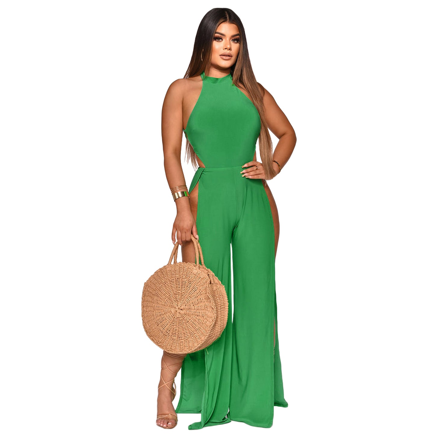 Lace-Up Back Split-Leg Jumpsuit  for Women