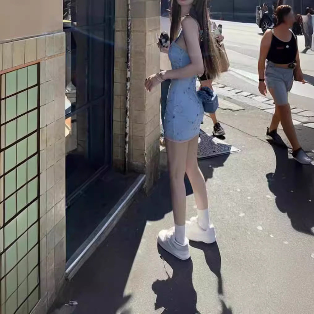 Mesh Embroidery Halter Dress