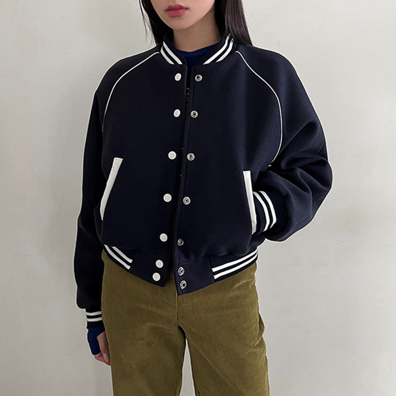 Retro American College-Style Colour Contrast Patchwork Stand-Collar Baseball Jacket