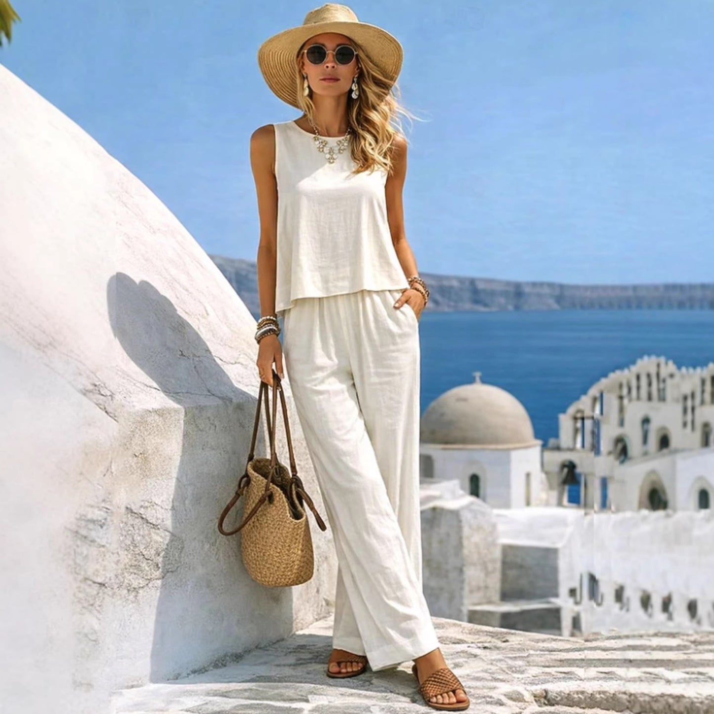 Casual Cotton-Linen Vest & Pants Outfit