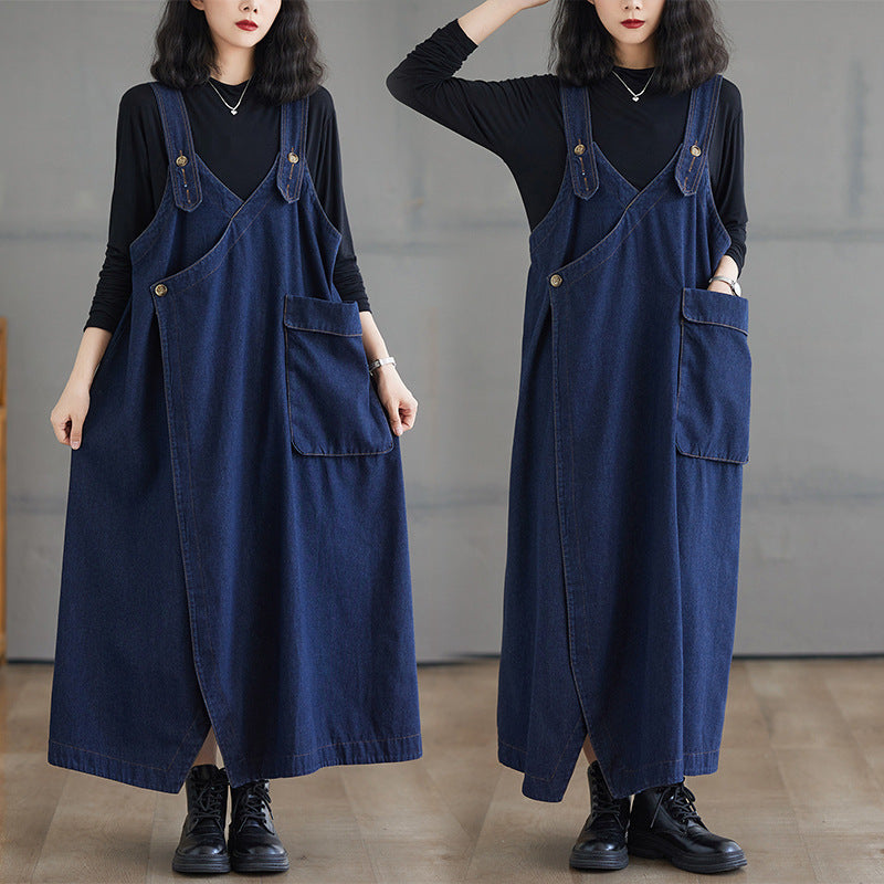 Loose Airy Denim Suspender Dress - Large Sizes