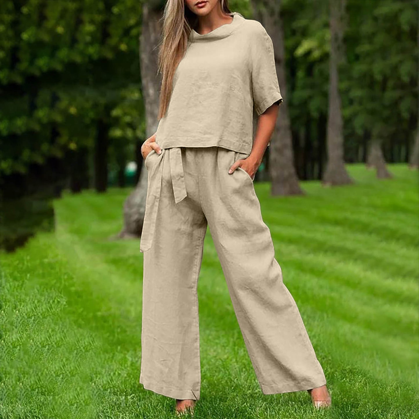 Round-neck Plus-size Womens Casual Two-piece Set, Trendy For Women