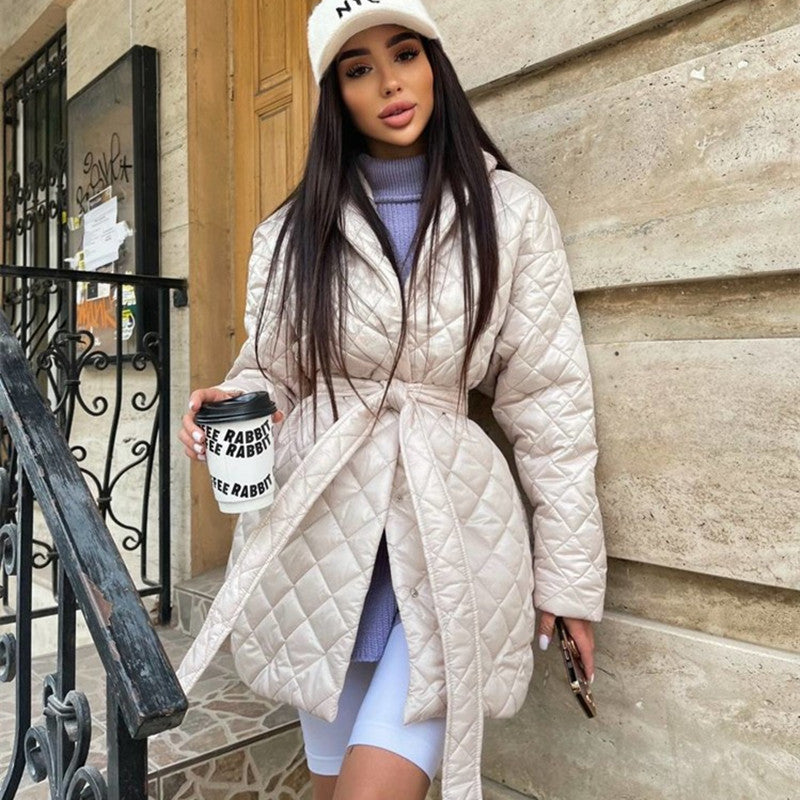 Slim-Fit Lace-Up Lapel Plaid Cotton-Padded Women's Coat