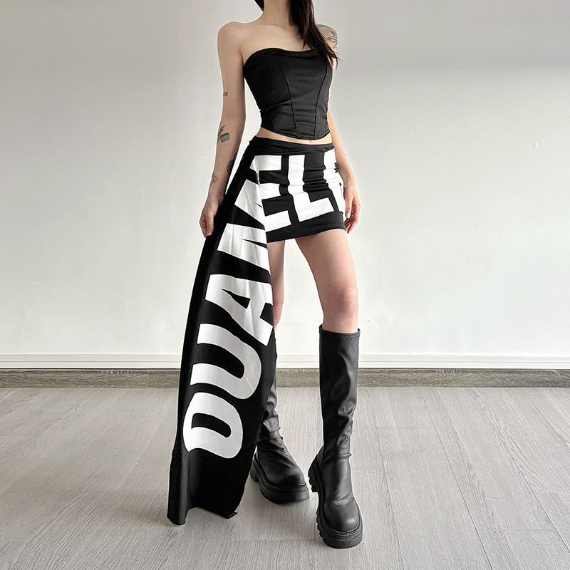Womens Black And White Letter-Print Asymmetrical Mini Skirt