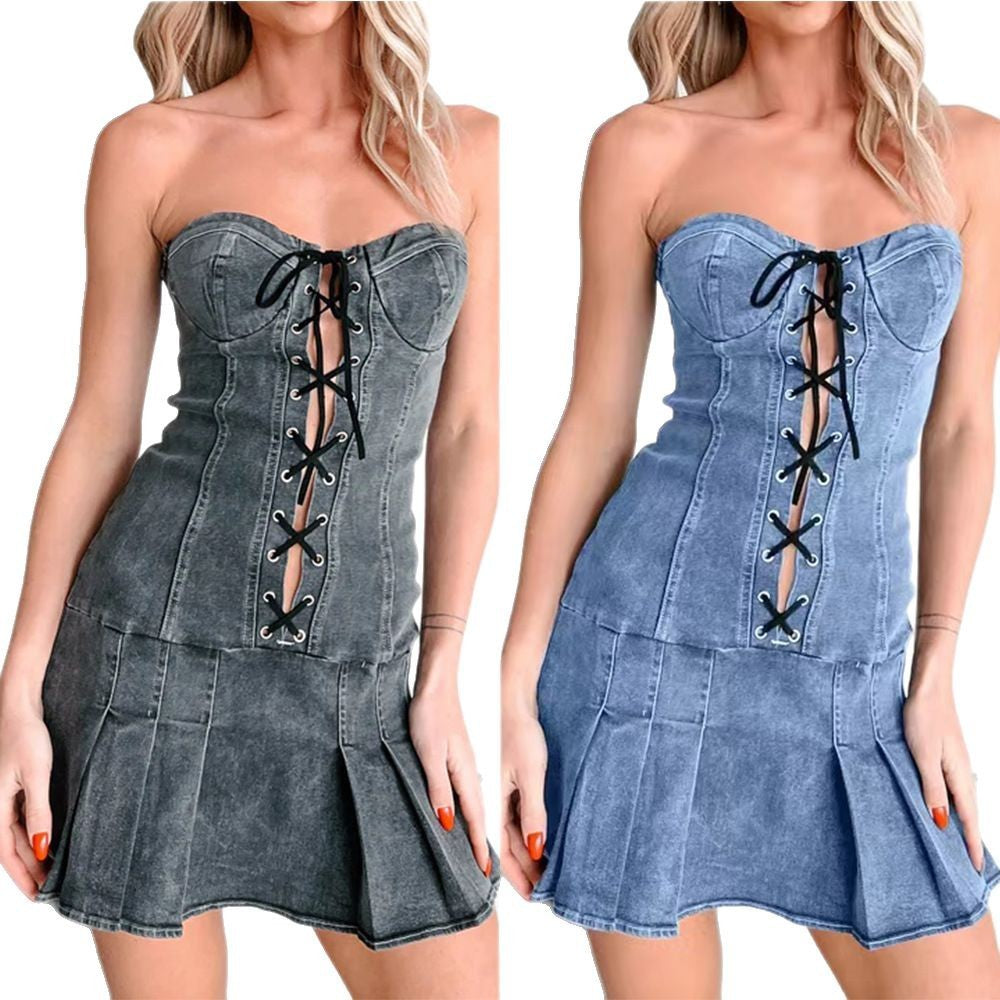 Low-Waist Rope Tube-Top Denim Dress
