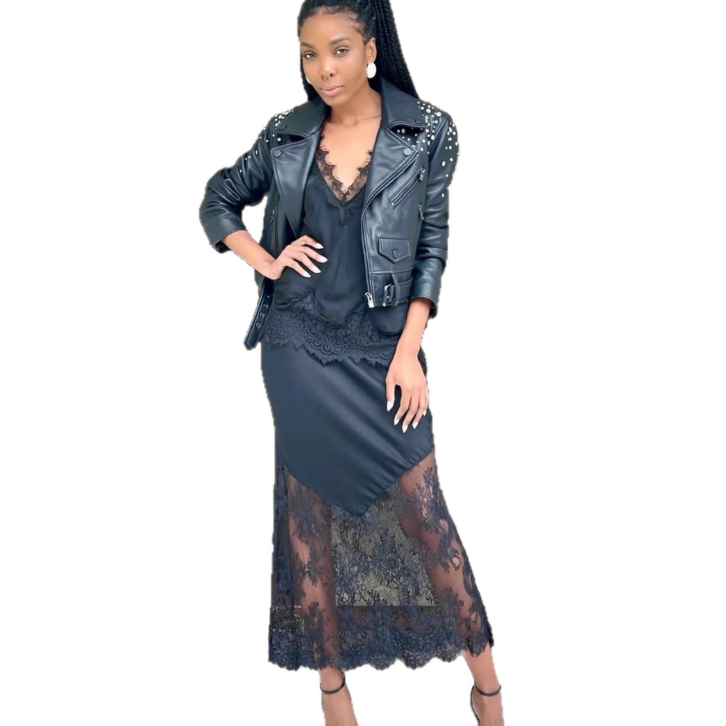 Contemporary Satin High-waist Skirt With A Lace-trimmed Hem