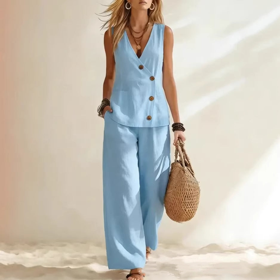Button-Up Cardigan Vest & Pants Set