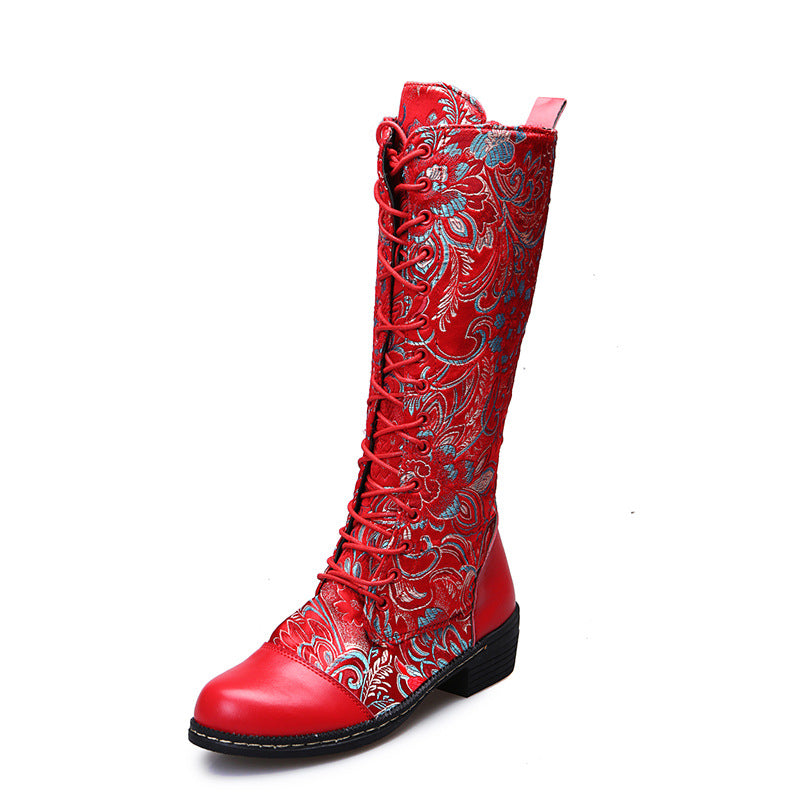 Flowers Print Long  Lace-Up Heeled Boots For Women