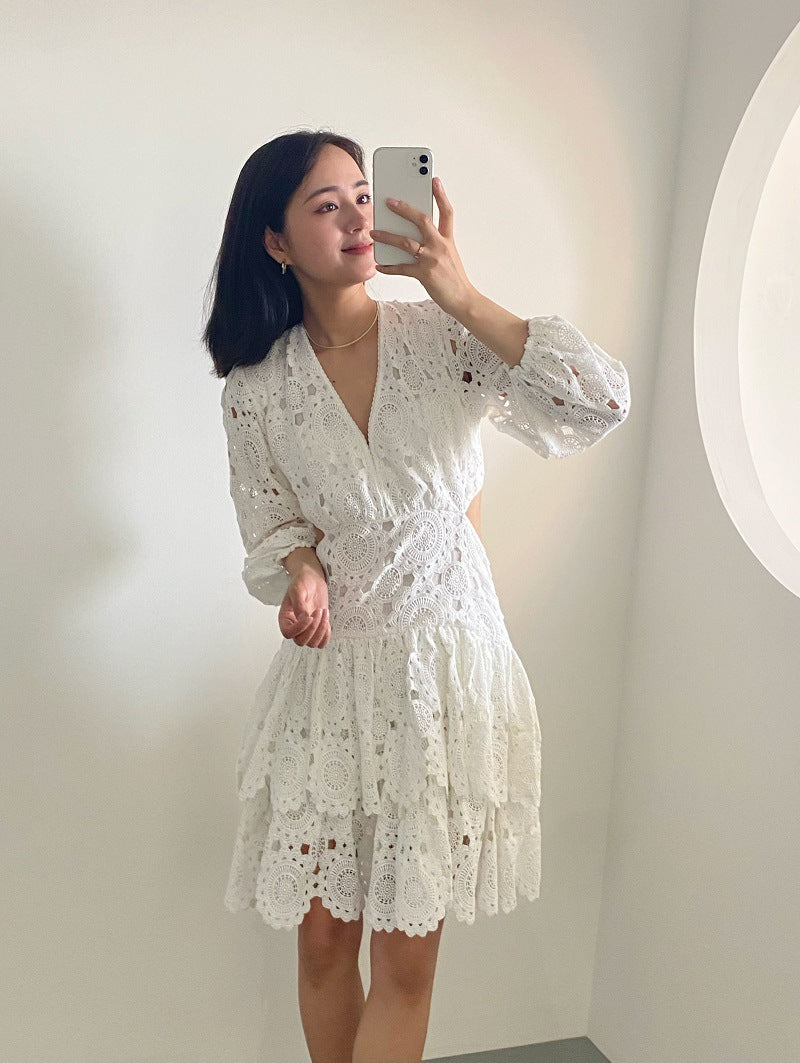 Hollow Embroidered Lace V-Neck Women's Dress