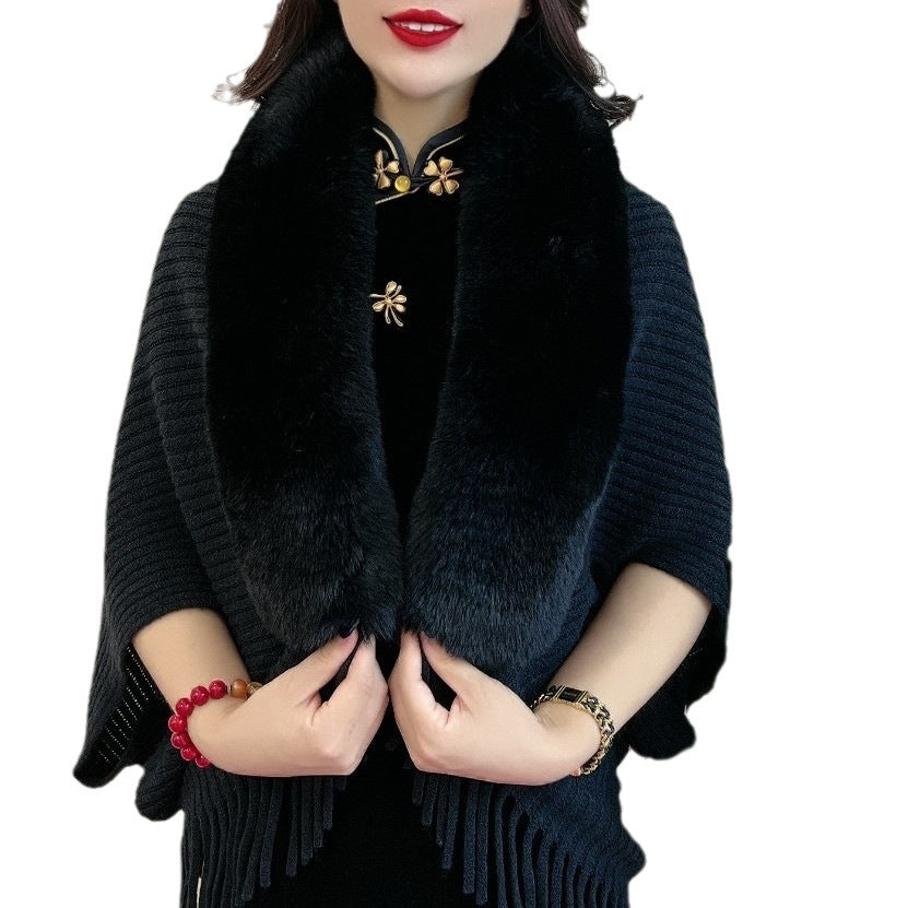 Women's Posh Knitted Fur-Collar Shawl Tassel