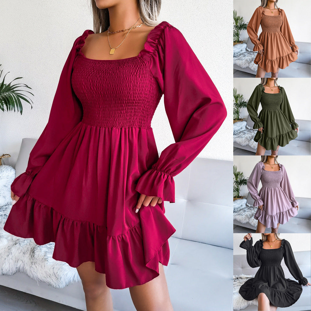 Flared Long-Sleeve Square-Neck Ruffled Swing Dress