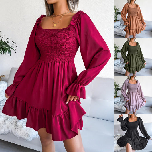 Flared Long-Sleeve Square-Neck Ruffled Swing Dress