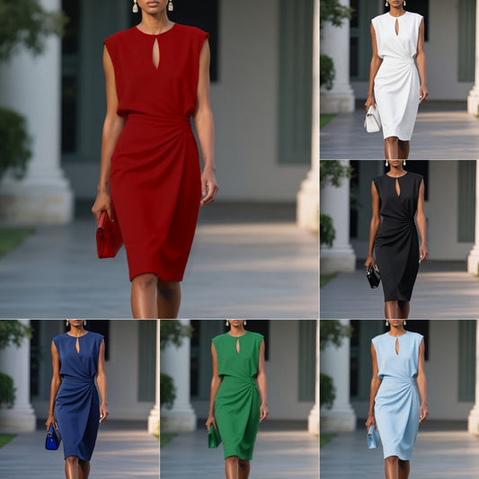 Women's Retro Elegant Solid Color Cross Front Knotted Round Neck Hollow Out Dress - Lightweight Summer Casual A-Line Midi Dress Party Dresses